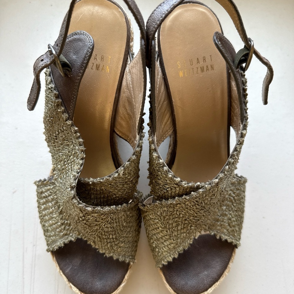 Stuart Weitzman Alex Green Espadrille Shoes with Raffia  Woven Texture